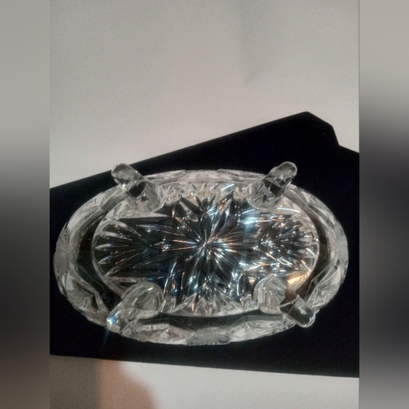 Bohemian Cut Glass Lead Crystal Footed Oblong Bowl Sawtooth Edge Daisy Etched - Picture 5 of 5